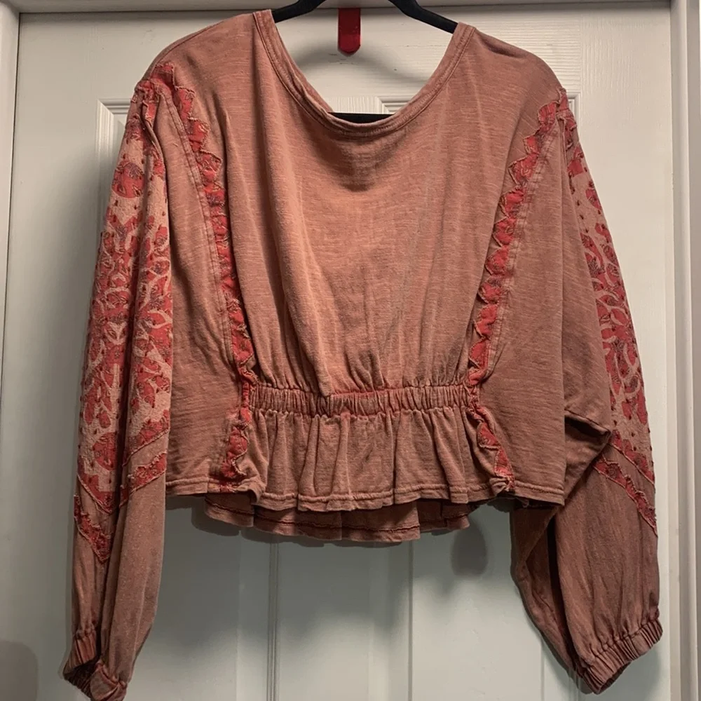 Free People Throwback Embroidered Cropped Blouse Top size S